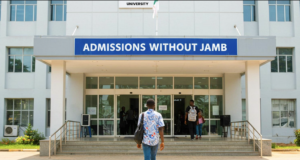 Students entering a university building offering JAMB-free bachelors admissions in Nigeria.